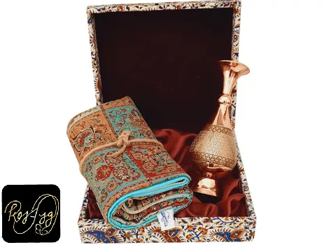ست گلدان مس و خاتم و ترمه با جعبه نفیس