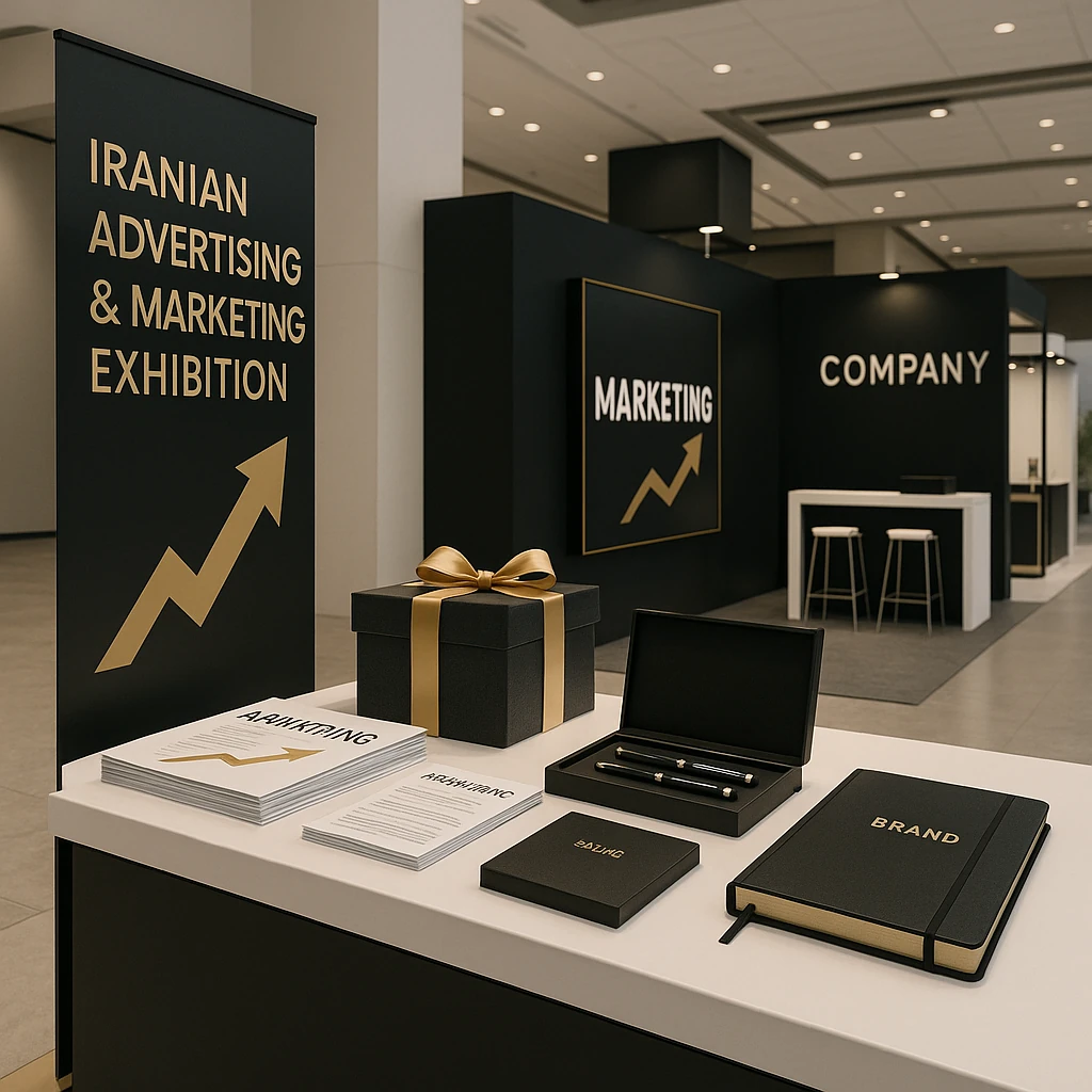 تصویر نمایشگاه تبلیغات و بازاریابی ایران با غرفههای مدرن و هدایای سازمانی روی میز